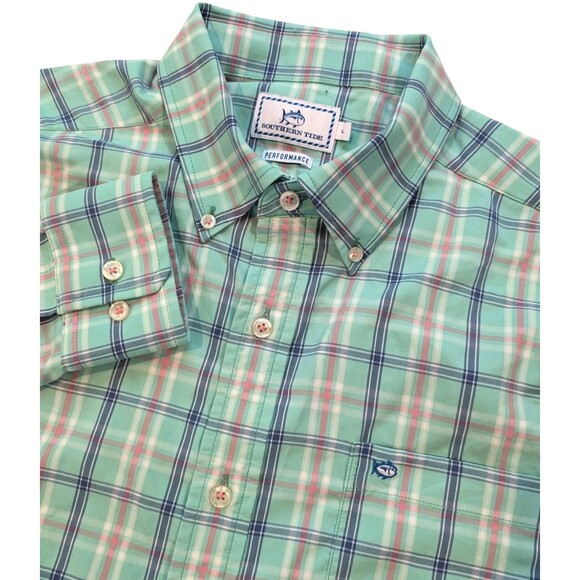 Southern Tide Men's LARGE Aqua Green & Blue Plaid Performance Shirt Button-Down - Picture 1 of 7